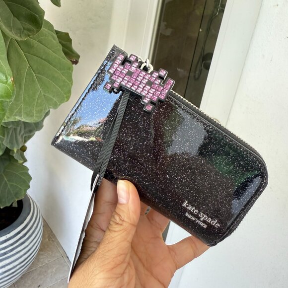 Space Invaders X Kate Spade Glitter Patent Small Slim Bifold Wallet KI755 - Picture 15 of 15